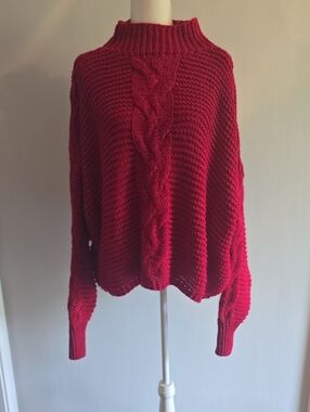 Fobya Red Cable-Knit Mock Neck Oversized Chunky Sweater
